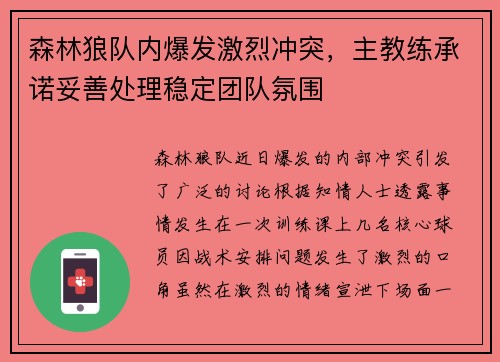 森林狼队内爆发激烈冲突，主教练承诺妥善处理稳定团队氛围